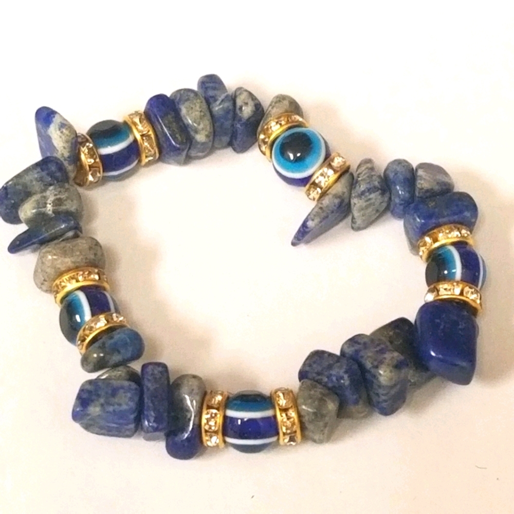 Evil Eye Natural Blue Stone beaded Bracelet with gold Rhinestone  New - Picture 4 of 7